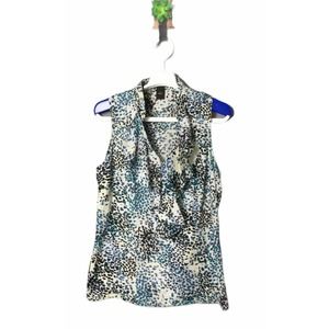 ANN TAYLOR Size 4 Off White Teal Black Sleeveless Ruffle V-Neck Blouse Top